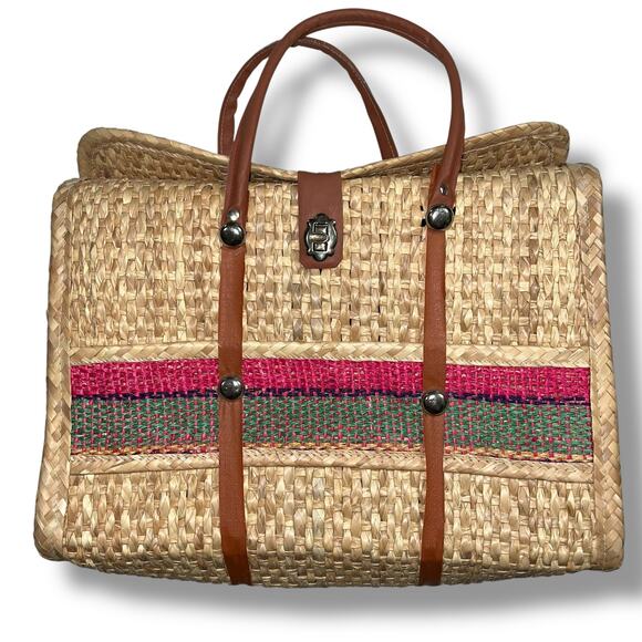 Vintage Mexican Woven Raffia Straw Tote Bag Beach Summer Travel - Picture 1 of 8
